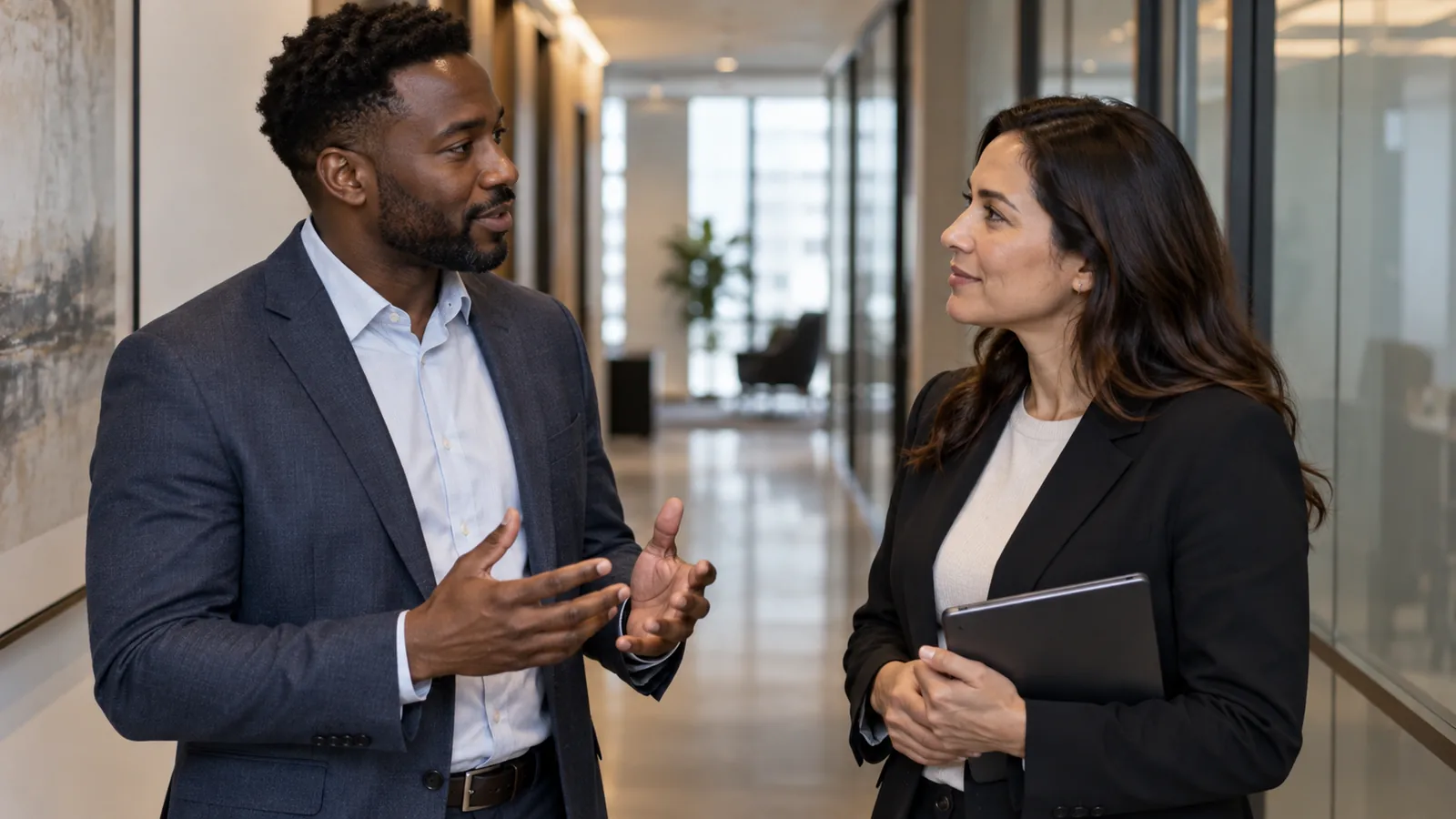 Two colleagues exchange ideas face to face in an office corridor.