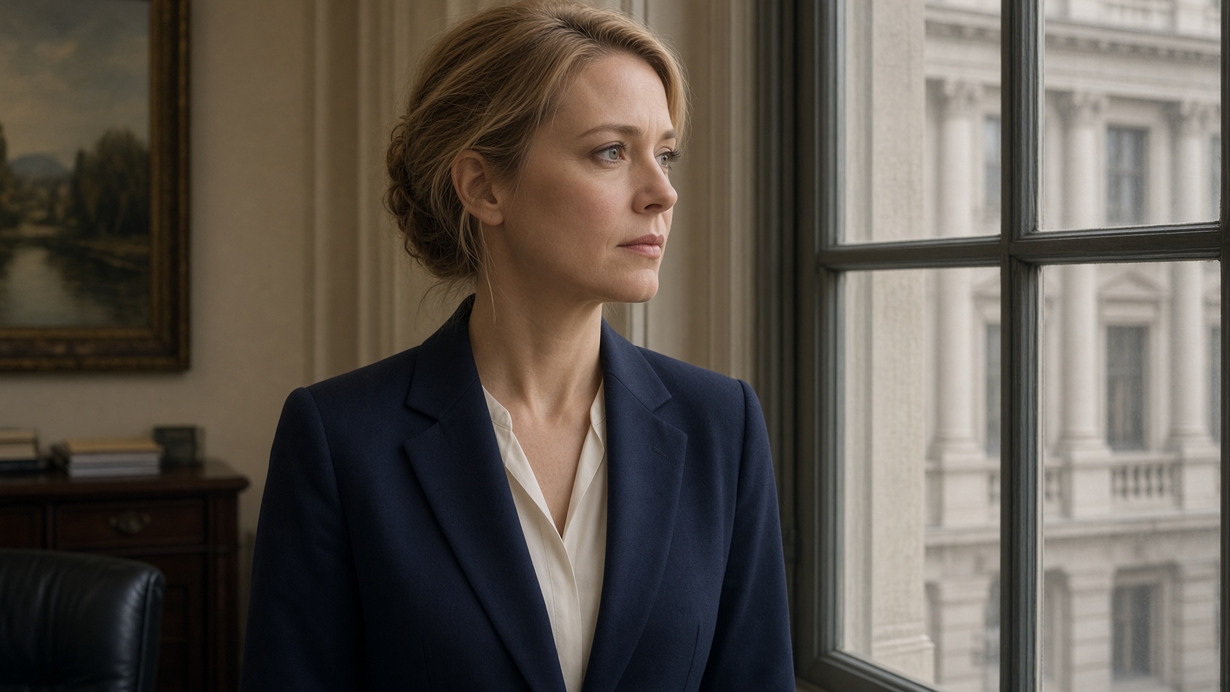 A woman looks out a window in a government office.
