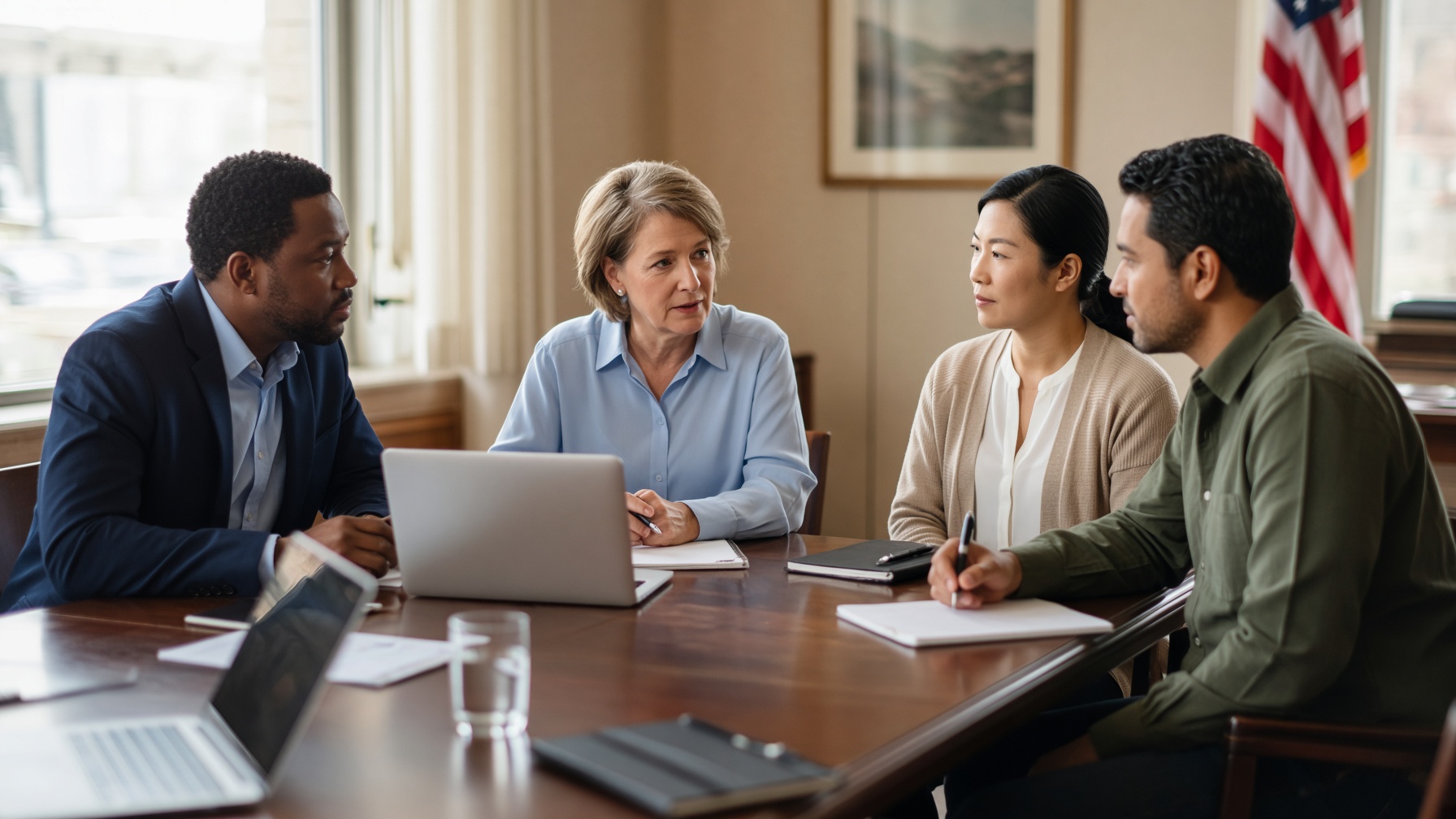 A mixed-race team meets around a sunlit conference table in a Minnesota office.