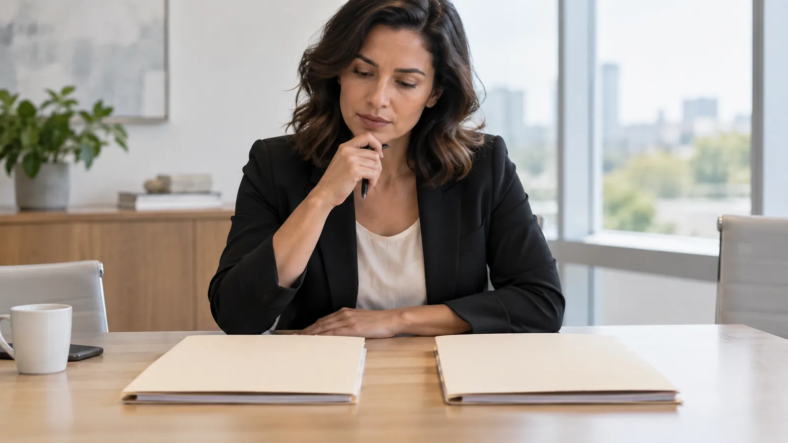 A colleague reflects while considering two unmarked folders at a table.