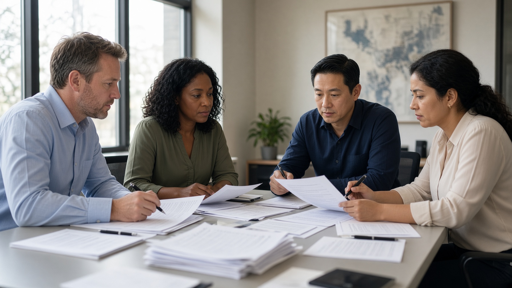 Mixed-race Minnesota staff sit at a conference table with printed policy packets.