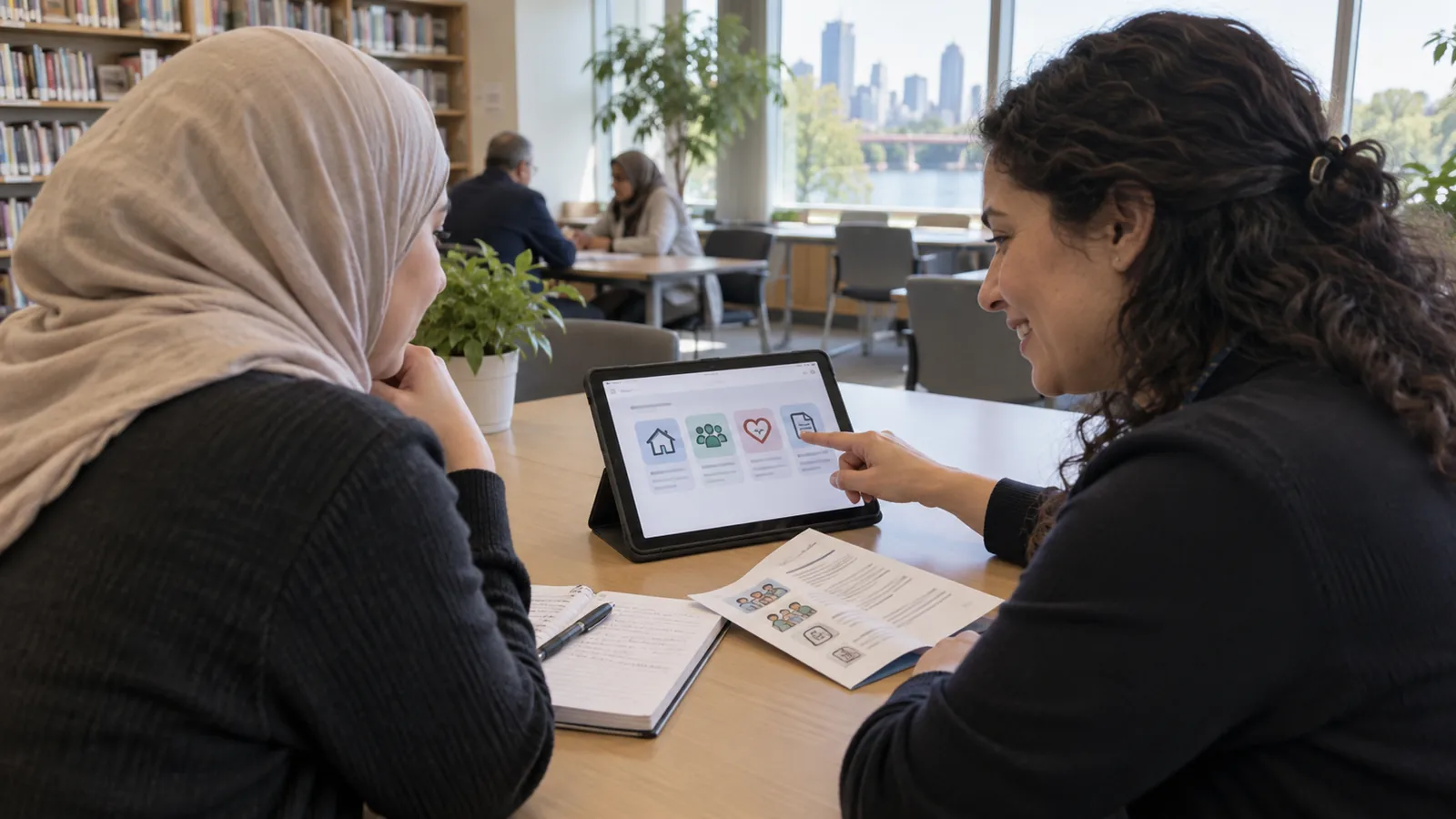 A visitor and service navigator review service options on a tablet at a library table.