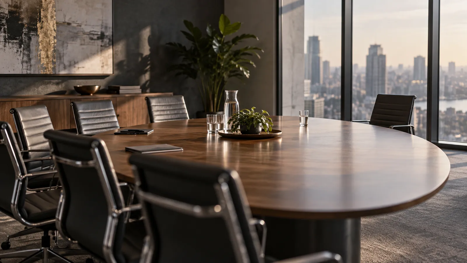 An empty meeting room has chairs set apart around a table.