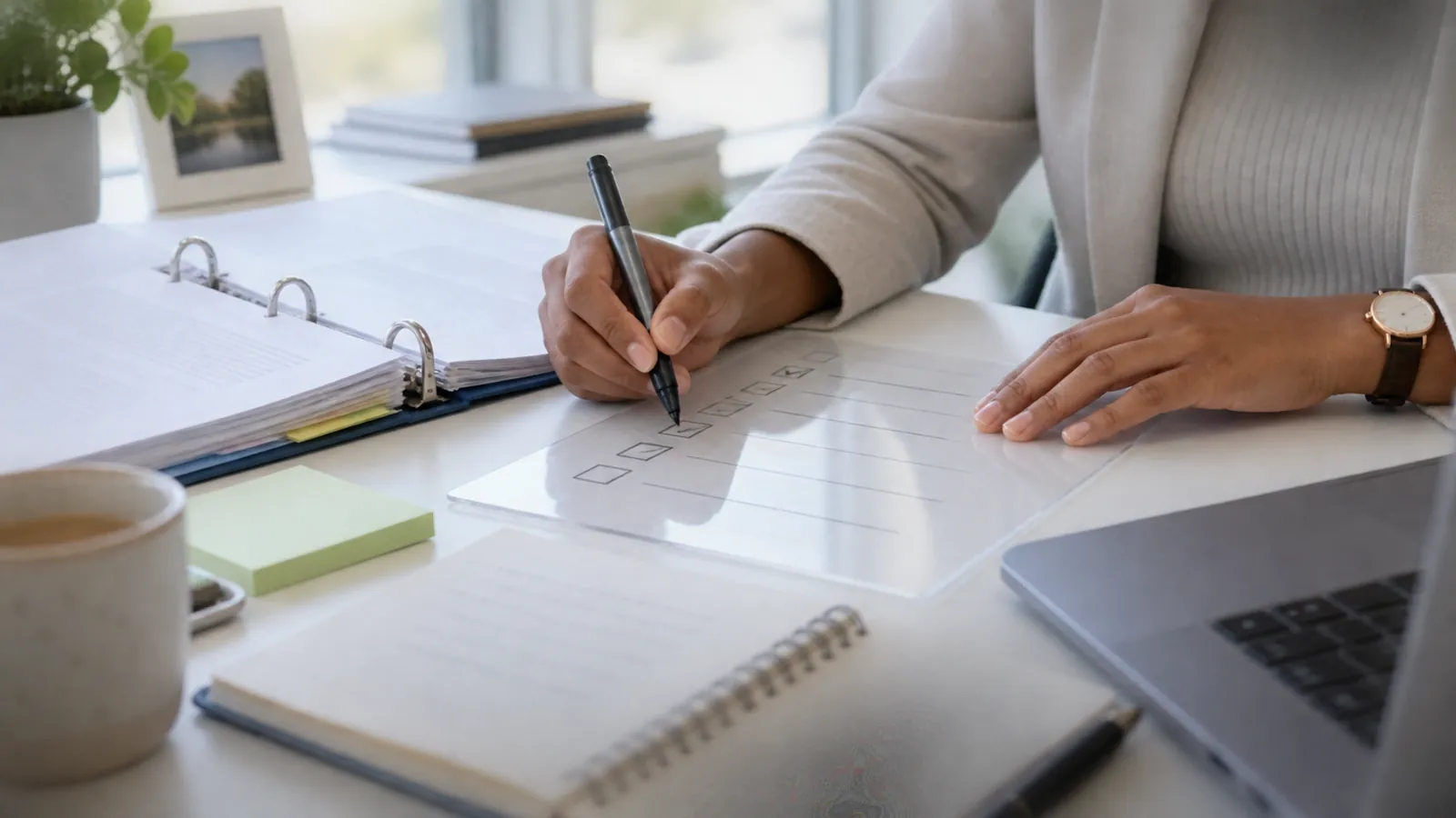 A colleague checks decision criteria against a policy binder at a desk.
