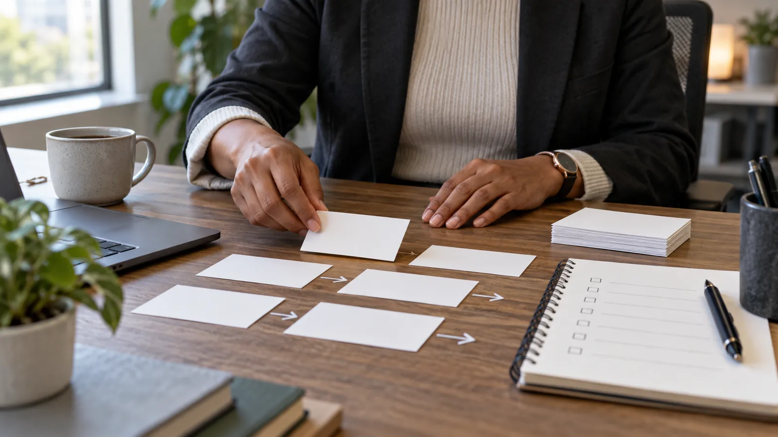 A professional arranges blank process cards beside a checklist.