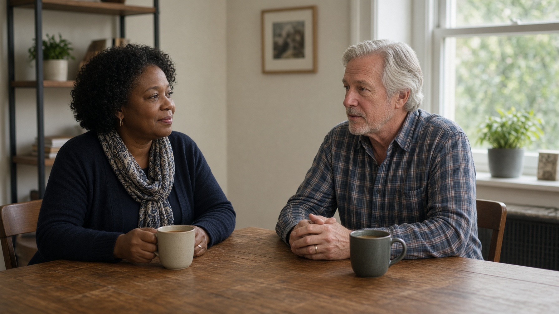 Two people talk slowly over coffee at a wooden table.