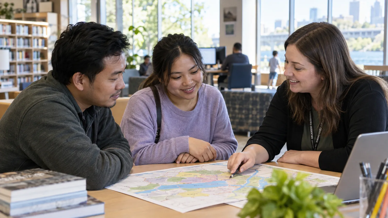 A navigator points out locations on a map while two visitors look on.