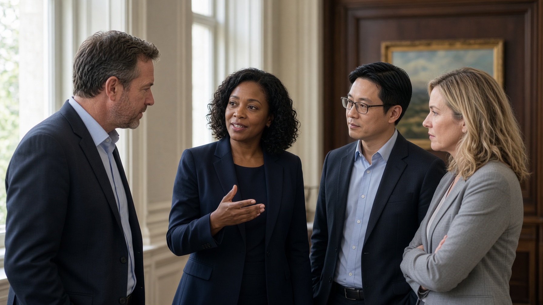 A Black woman in a navy blazer huddles with colleagues in a government office.