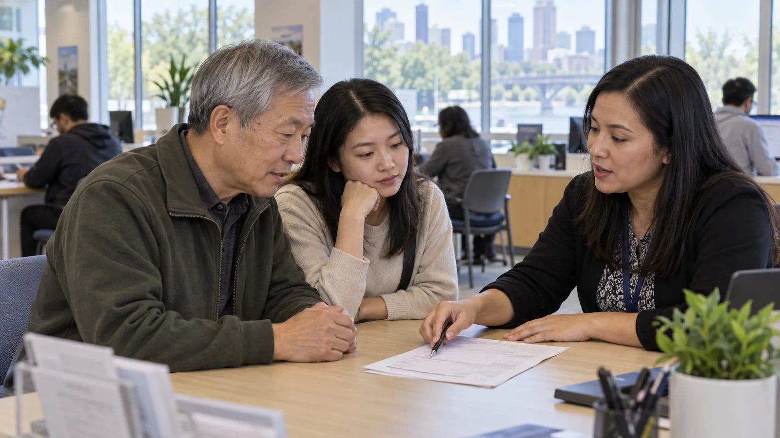 A visitor and service navigator review a form together in a community office.