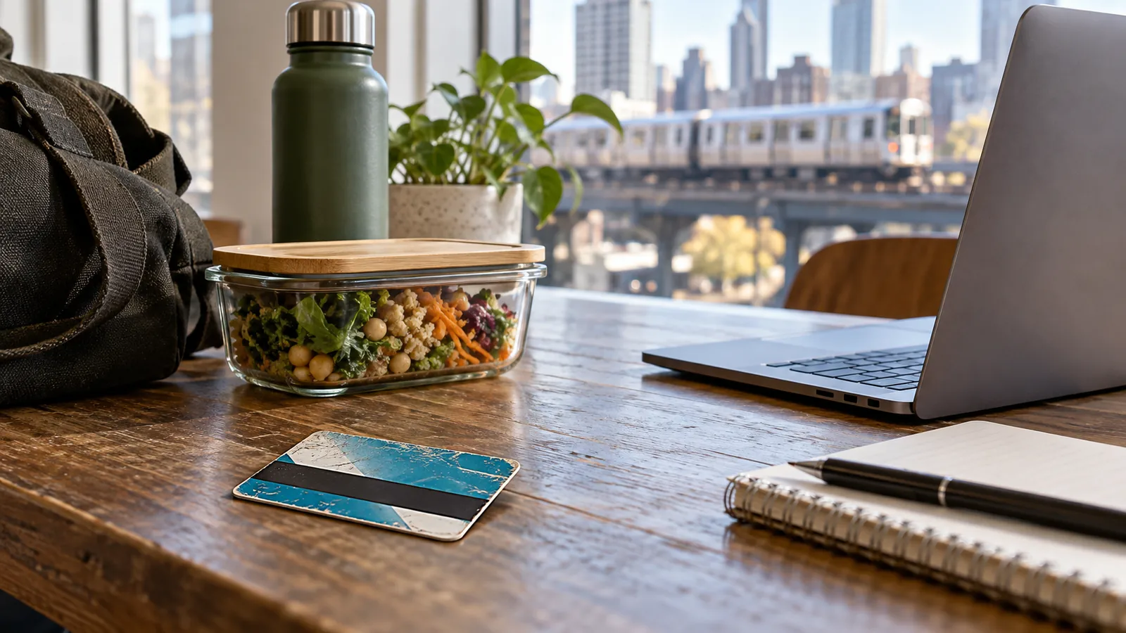 Everyday work items and a packed meal sit on a shared table.