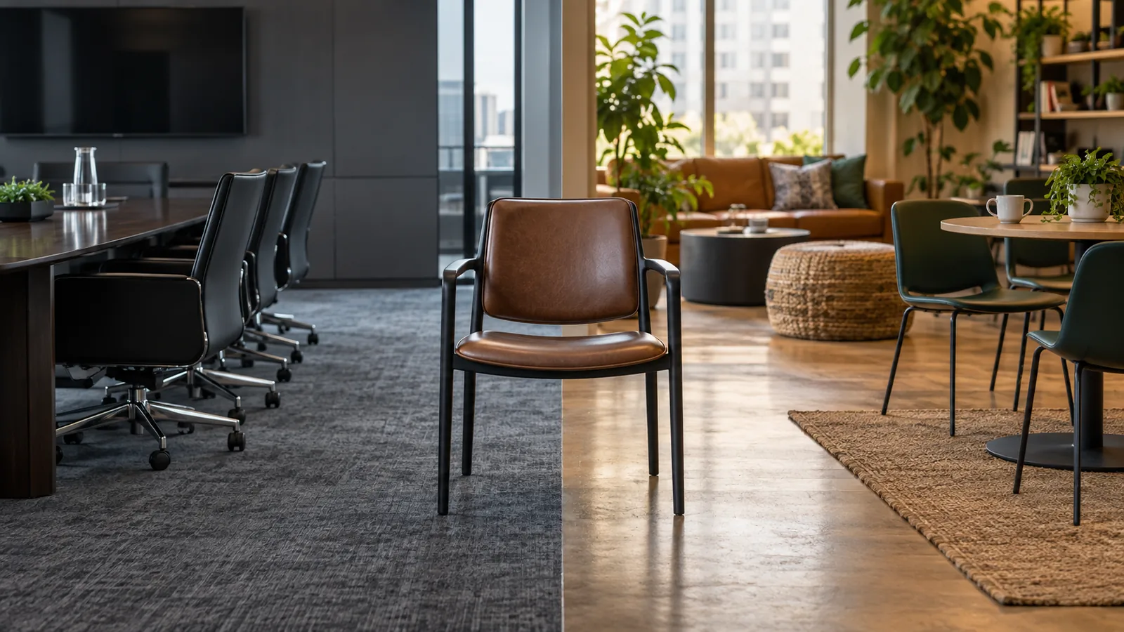 A formal meeting room and a relaxed conversation area sit side by side.