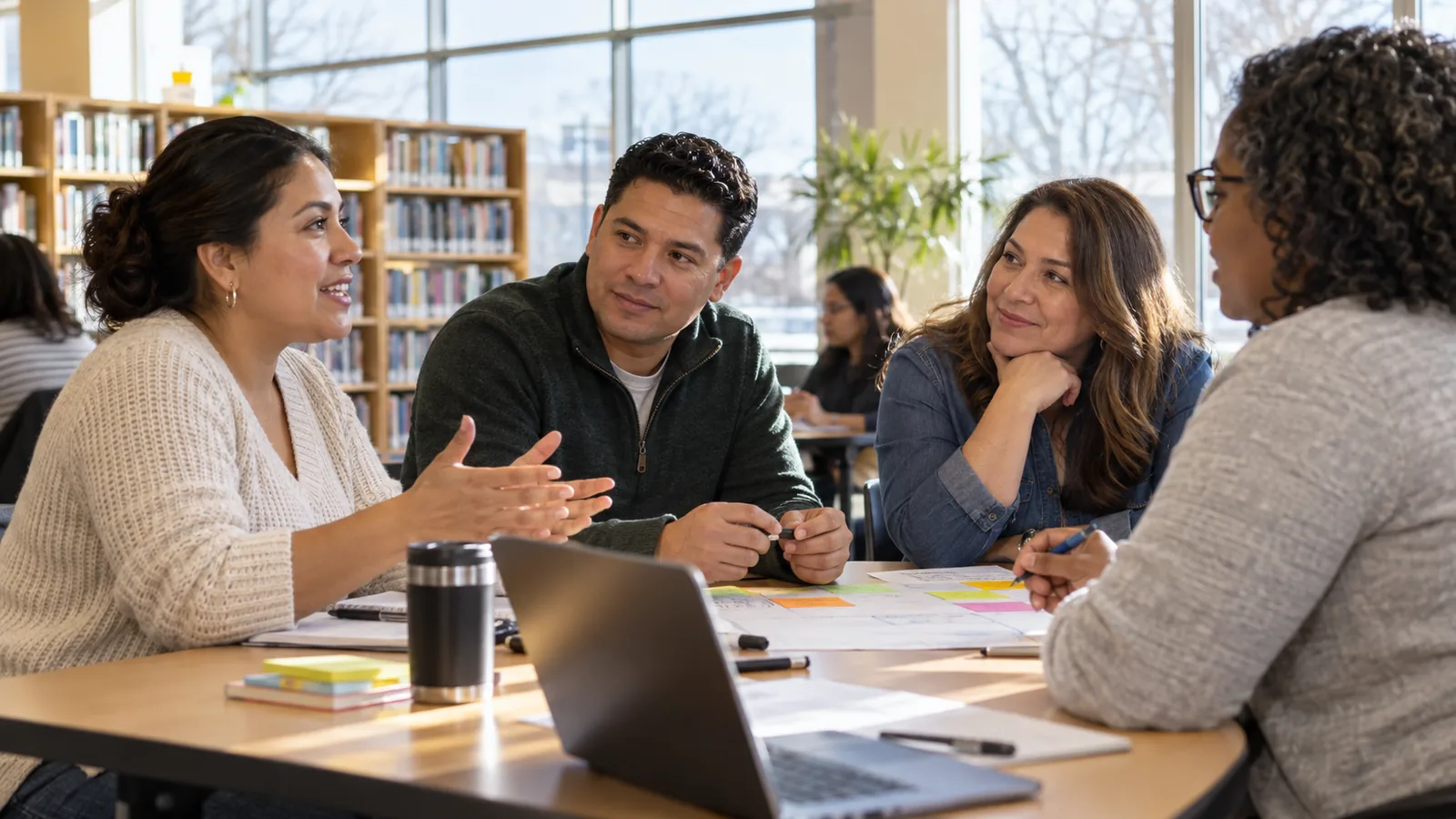 Three colleagues share perspectives around a worktable in a community office.