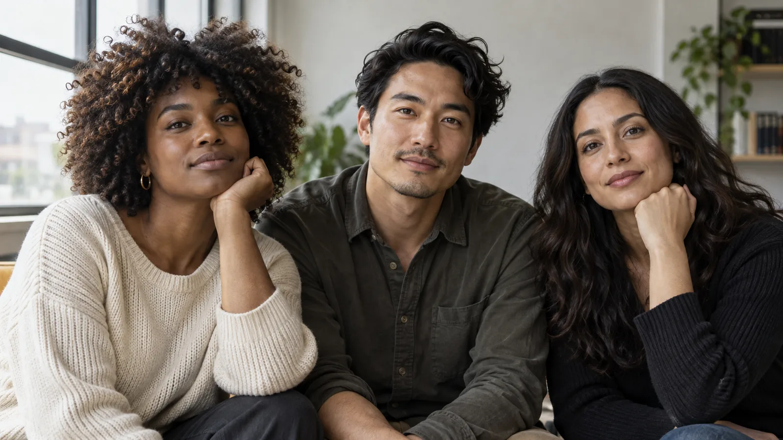 Three adults with varied skin tones sit together in a sunlit room.