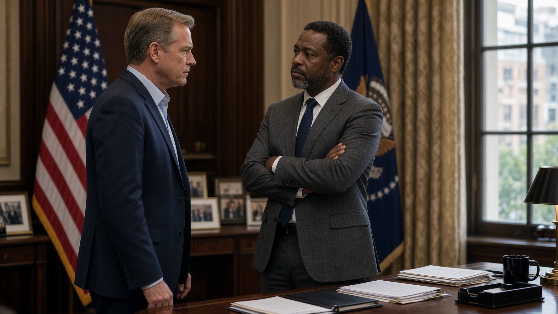 Two men stand by a desk in a professional disagreement.