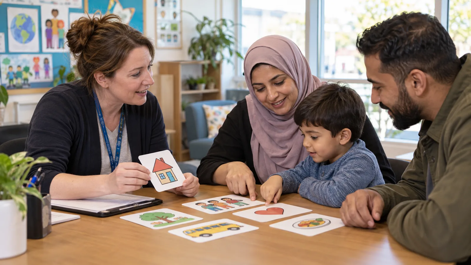 Photograph of colleagues in a scene of multilingual family support.