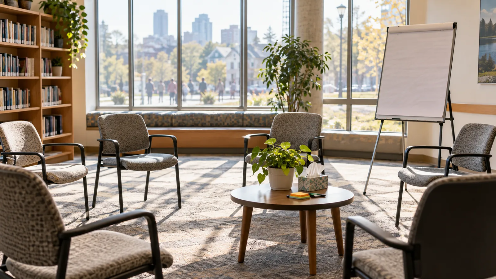 A library meeting room is arranged for a small facilitated conversation.