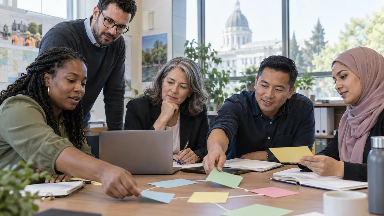 Photograph of colleagues in a scene of cross department collaboration.