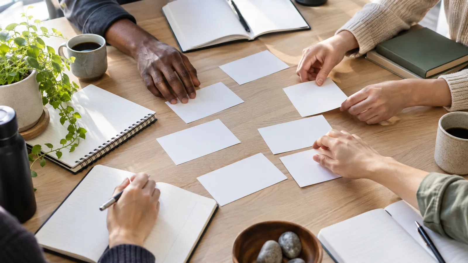 Colleagues arrange discussion cards and notebooks during a workshop.