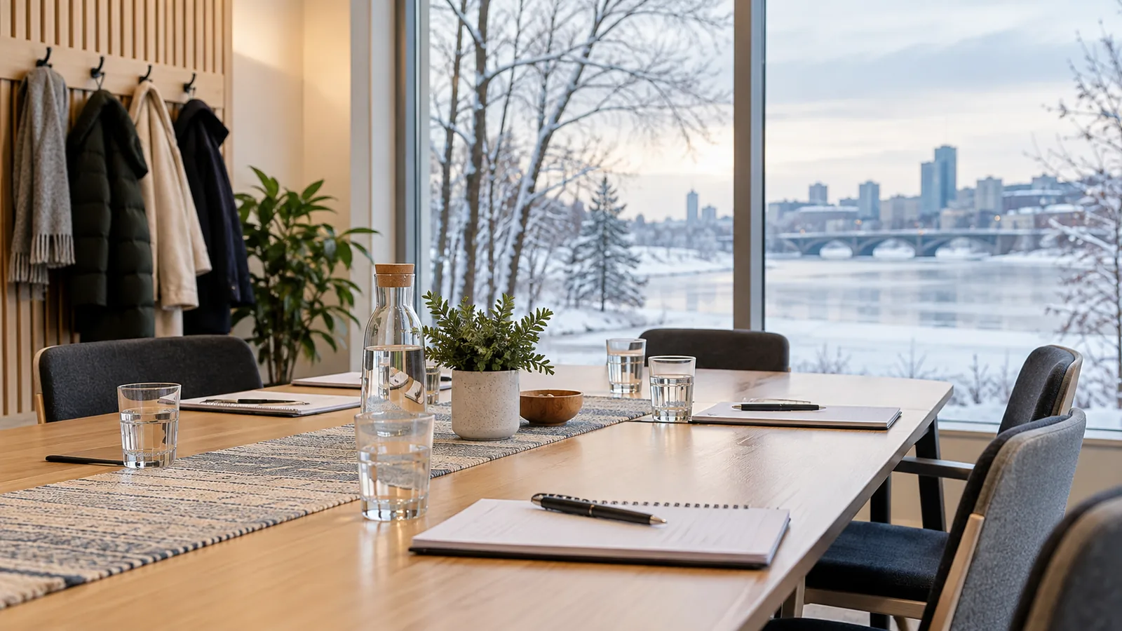 A meeting room is prepared beside a window overlooking a Minnesota winter scene.