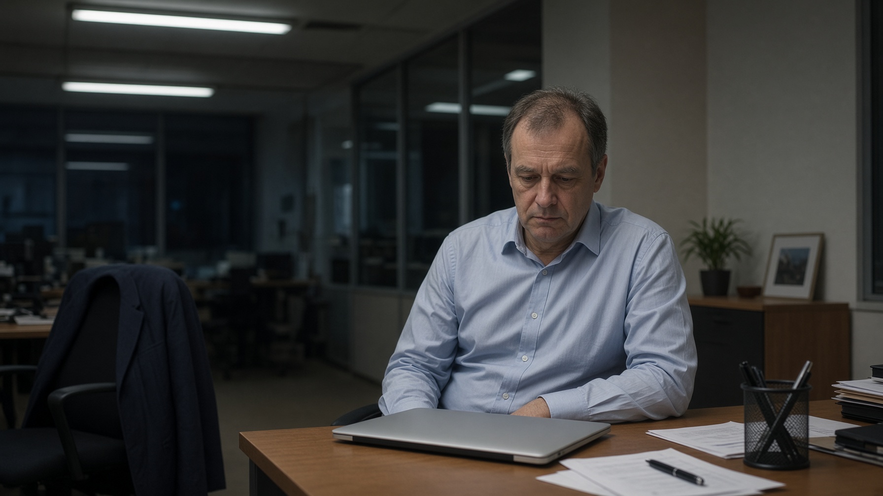 A man sits at a desk after hours with a closed laptop.