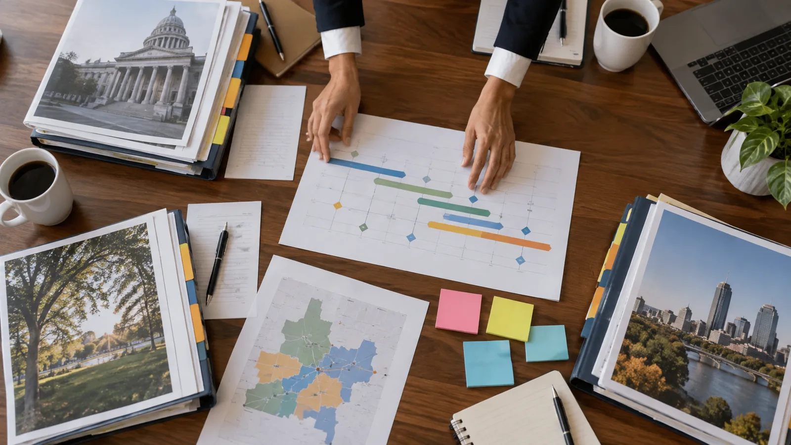 Colleagues align a shared project timeline and planning documents on a table.