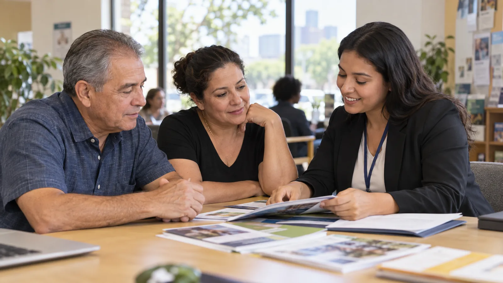 A service navigator and visitors examine printed information at a table.