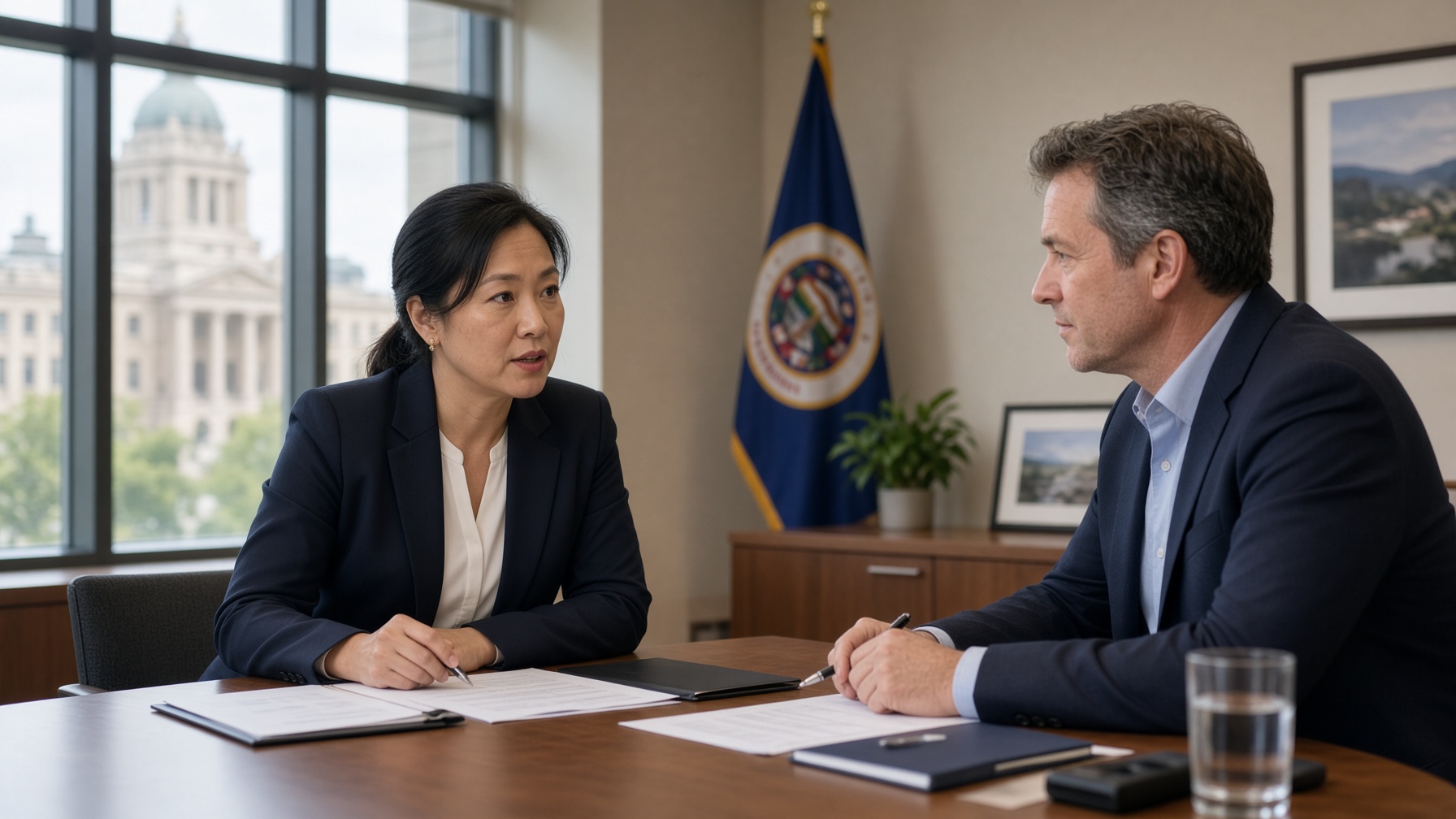 Two colleagues sit at a government table.