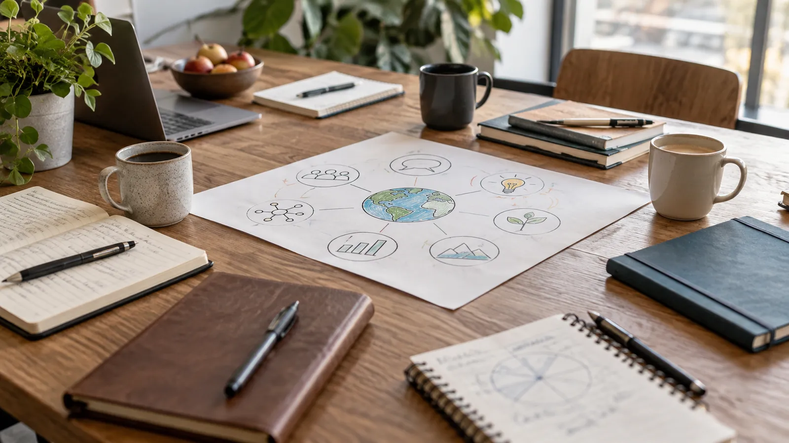 Notes and a hand-drawn concept map sit on a collaborative worktable.
