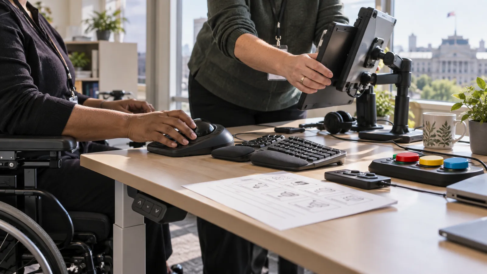 Two colleagues arrange assistive input devices at an adjustable desk.