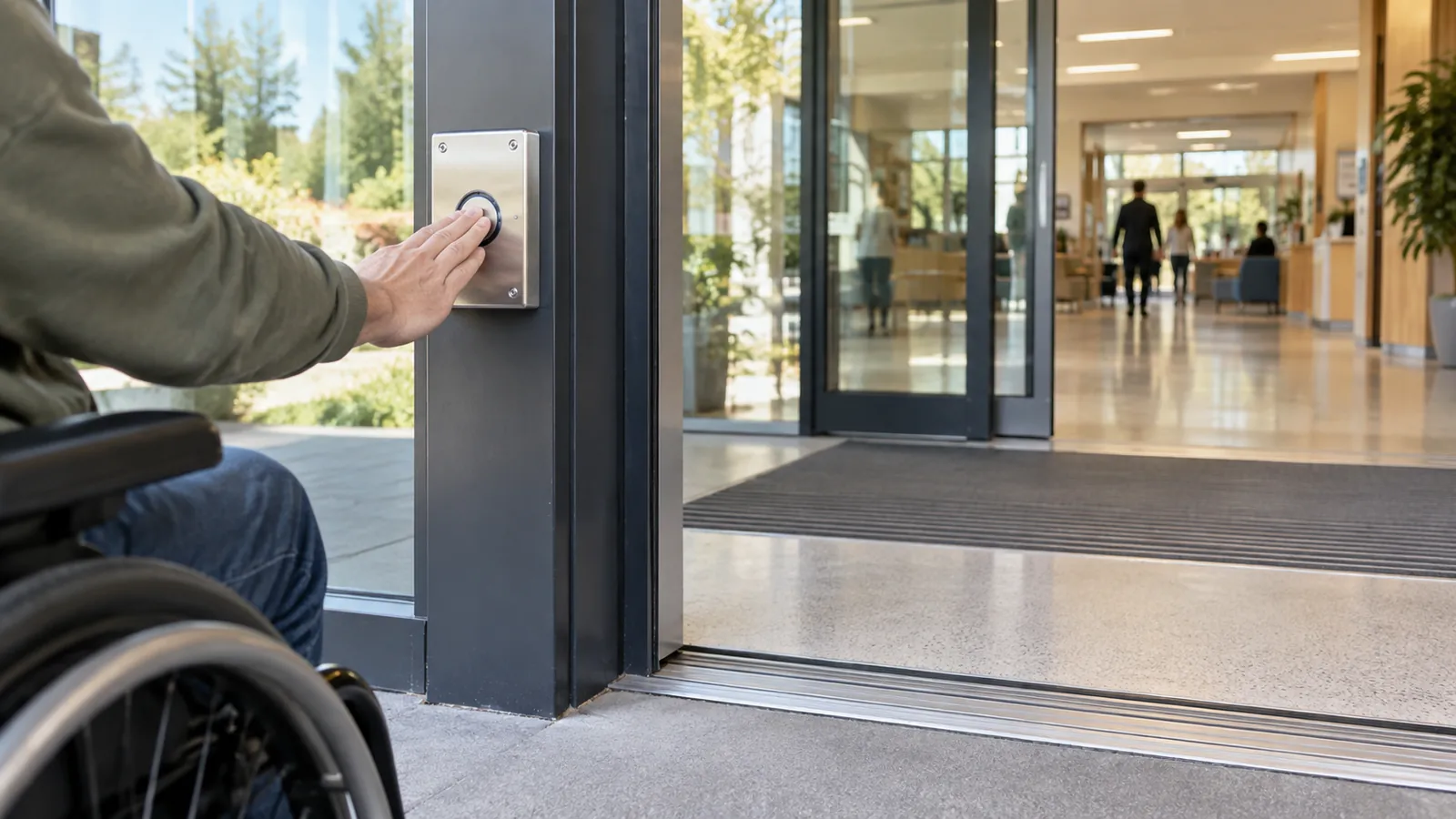 A hand reaches for the automatic door opener beside a step-free entrance.