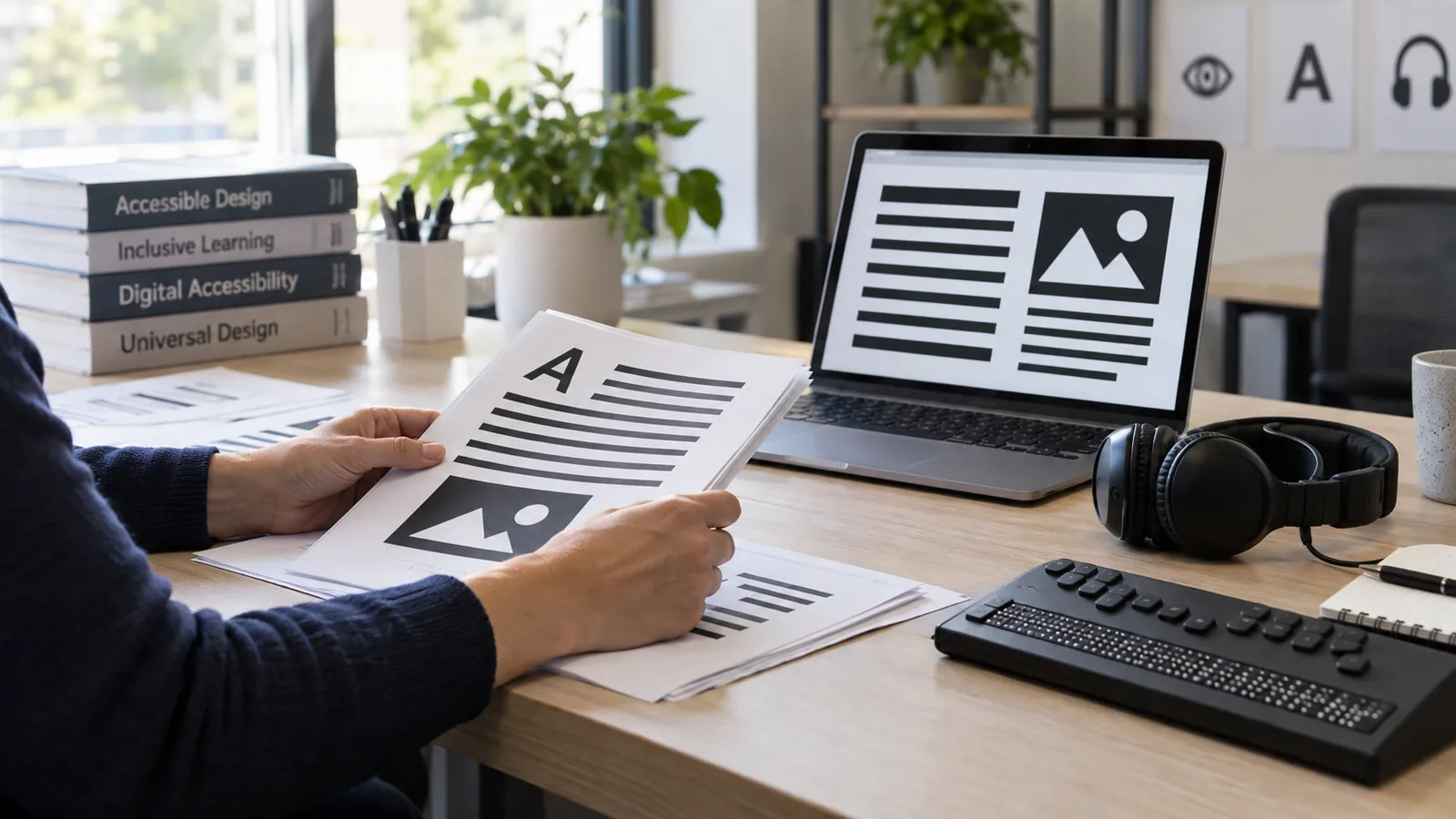A colleague compares a large-print document with a simplified laptop page.