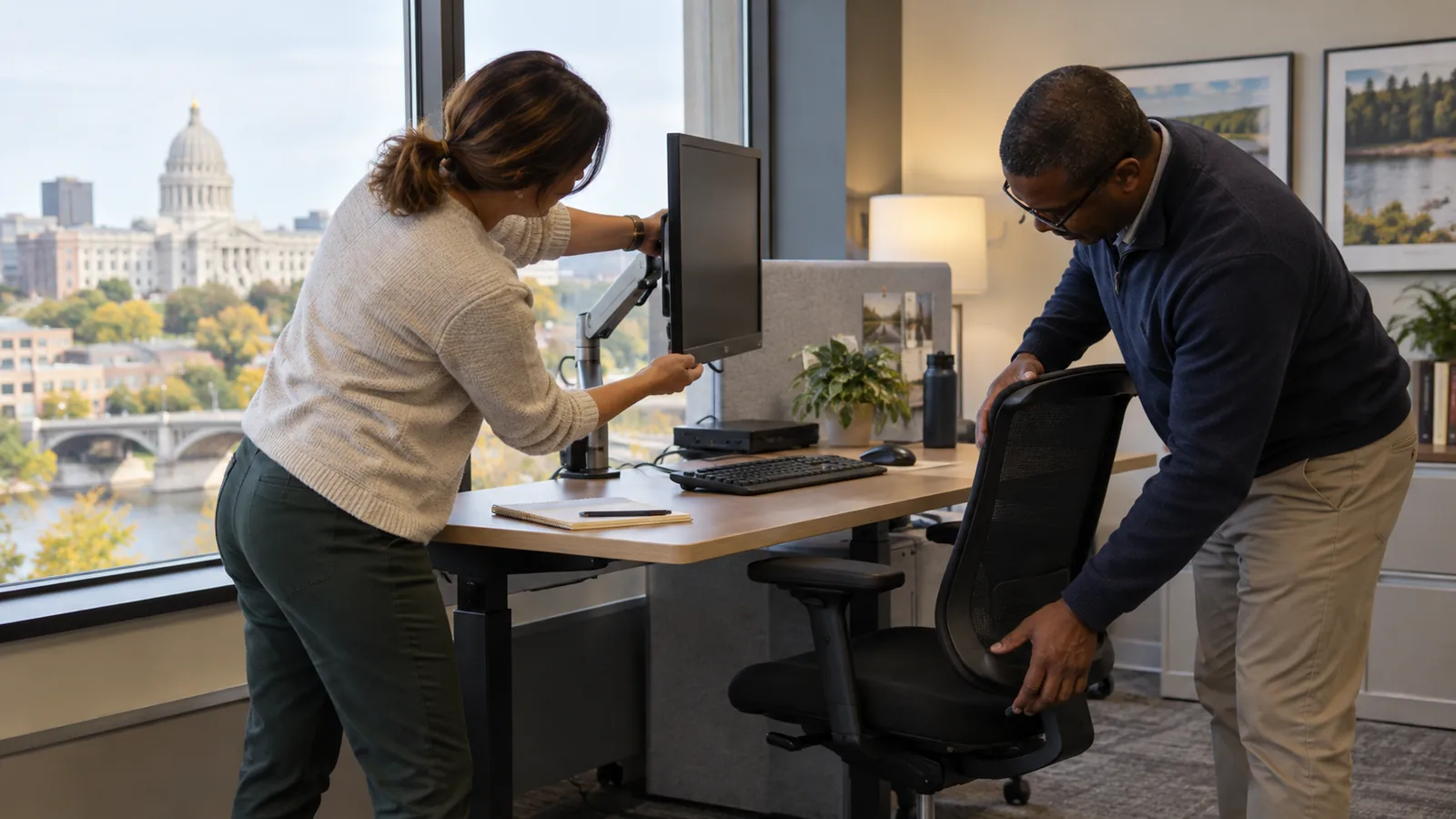 Two colleagues adjust a monitor and chair in a shared workspace.