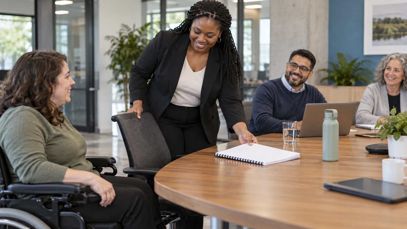 A colleague makes space at an accessible meeting table and shares an agenda.