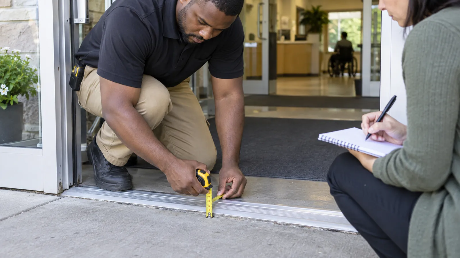 A staff member measures a public doorway threshold to plan an access improvement.