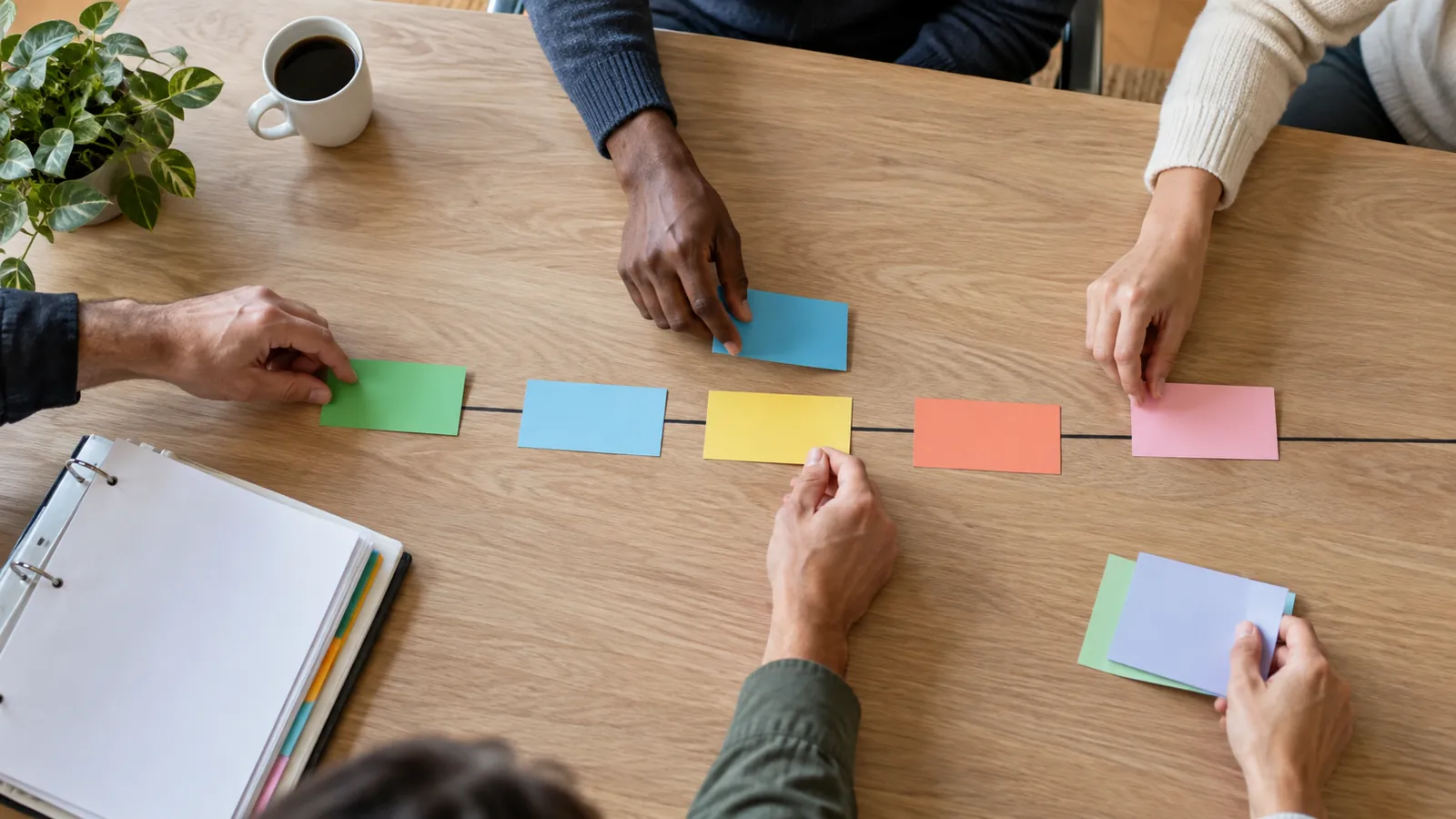 Several colleagues arrange plain colored cards on a planning table.