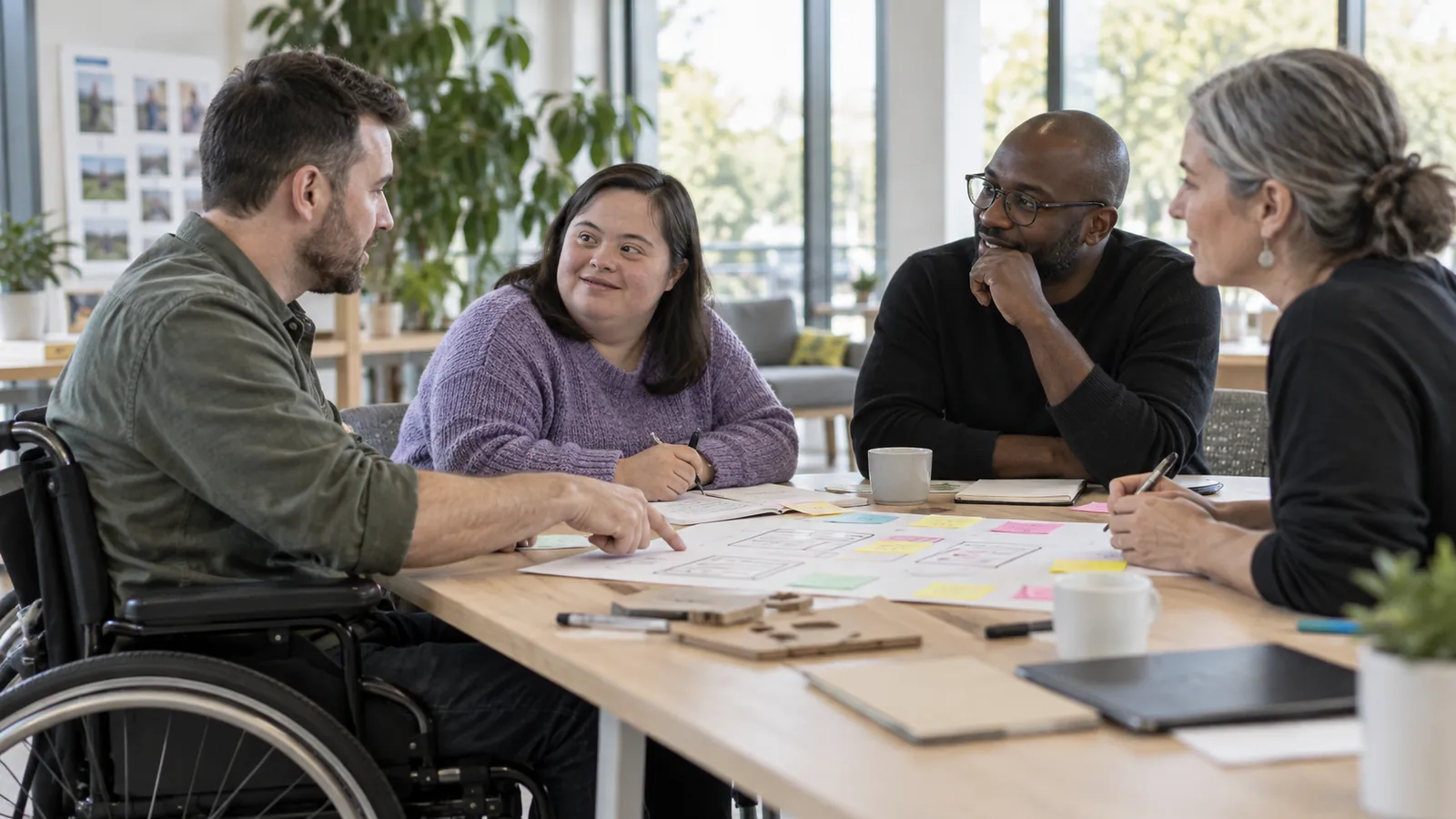 Colleagues with varied lived experiences collaborate around a worktable.