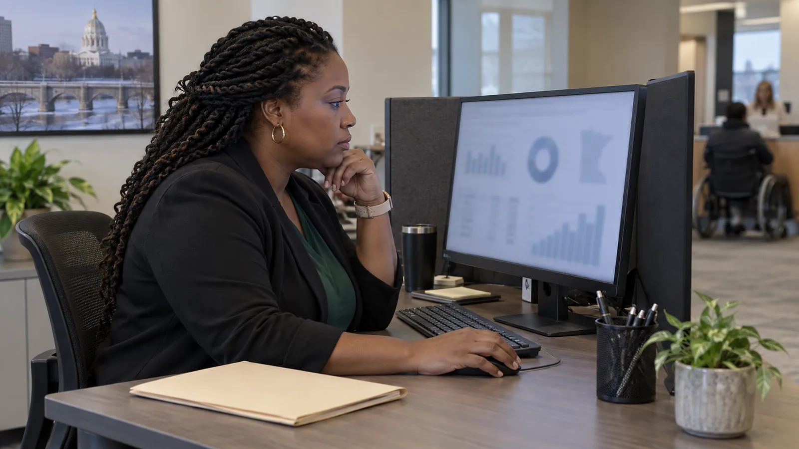 A data analyst reviews anonymized charts at a private workstation.