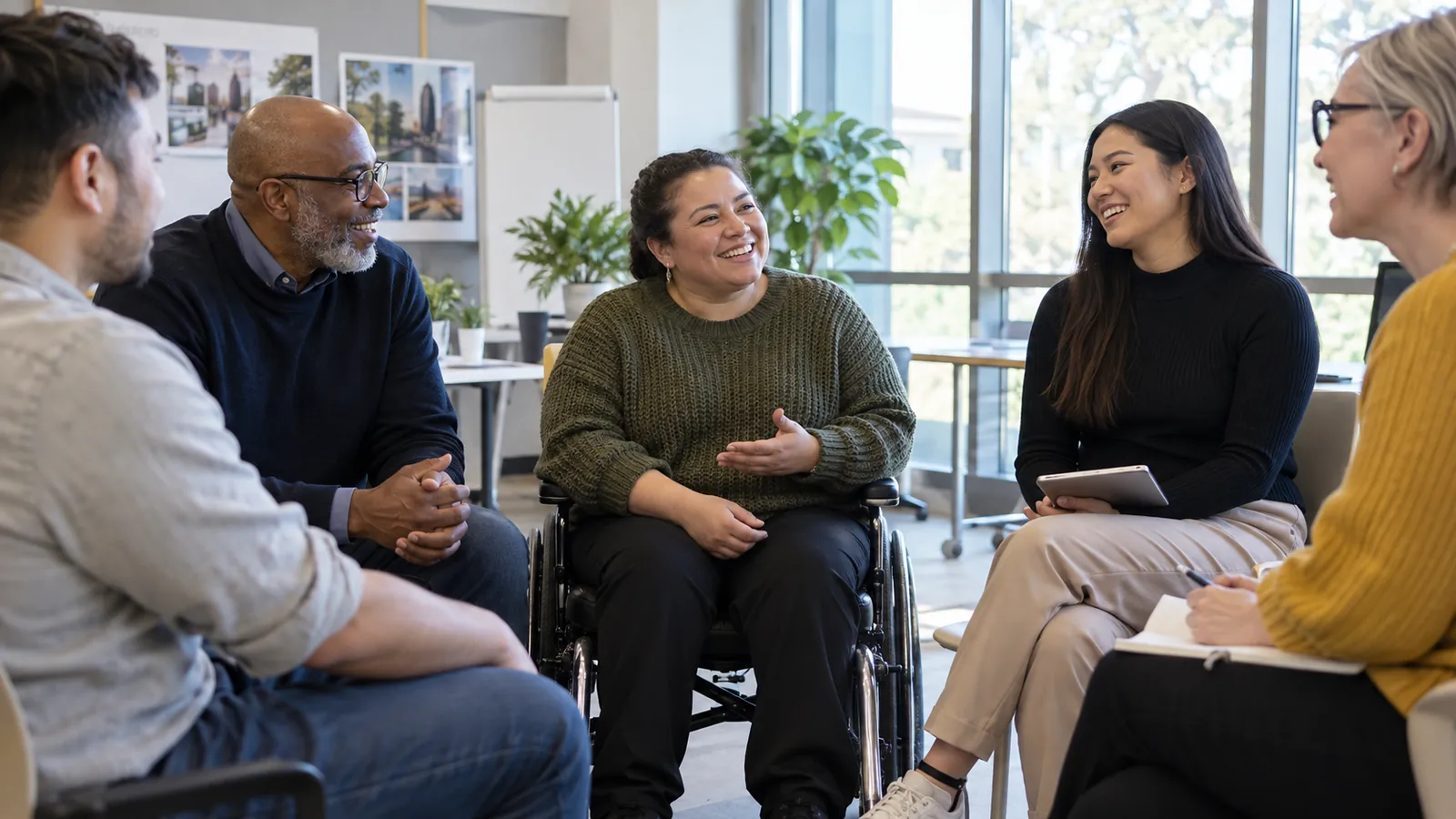 Colleagues of varied backgrounds talk together in an accessible meeting room.