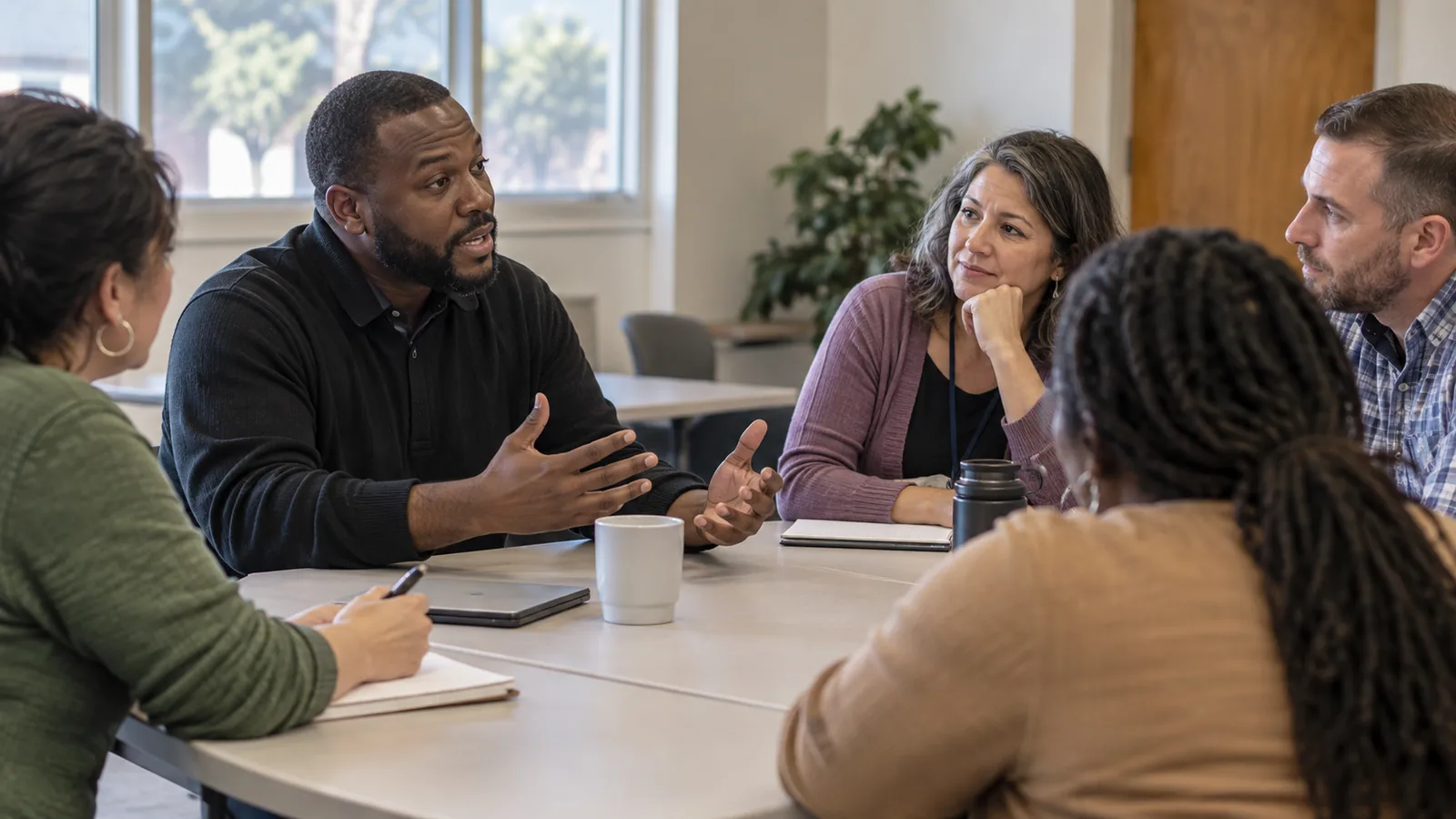 A colleague facilitates a small peer discussion in a civic meeting room.