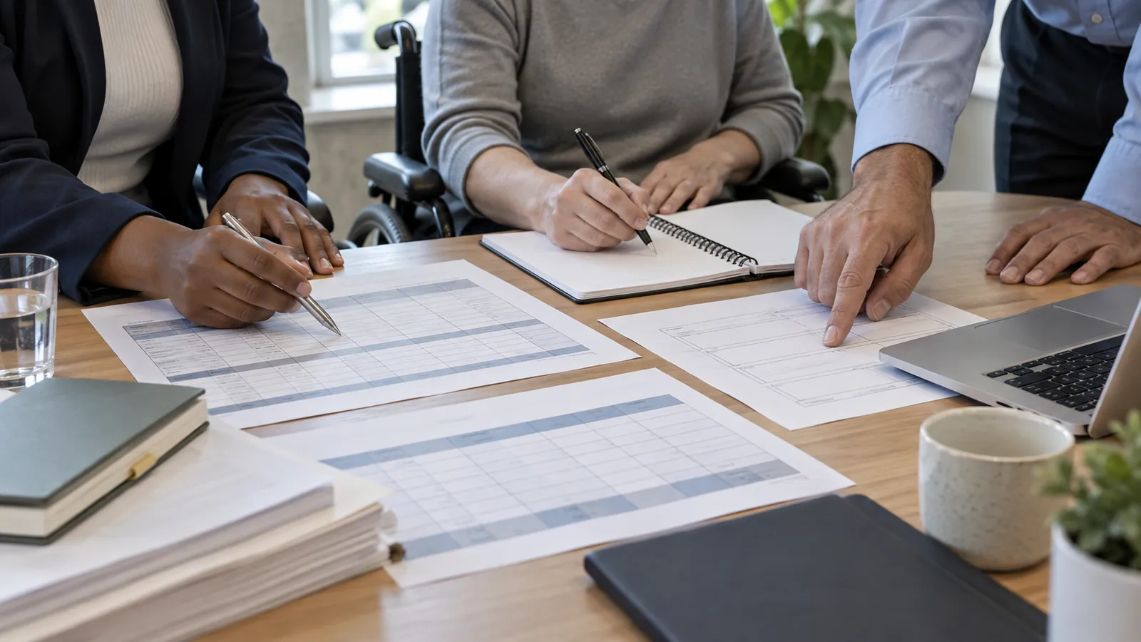 Colleagues review unlabeled planning and budget materials at a table.