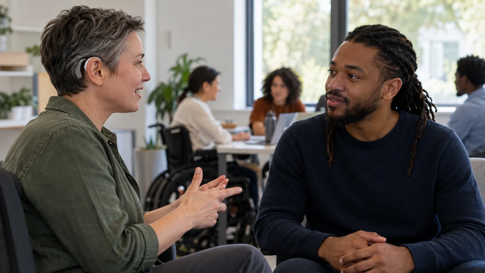 Two colleagues talk face to face in a quiet, well-lit workspace.