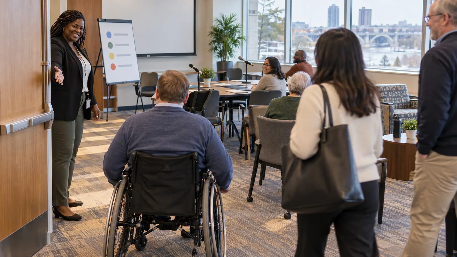 An accessible public-service meeting room welcomes people using varied seating.