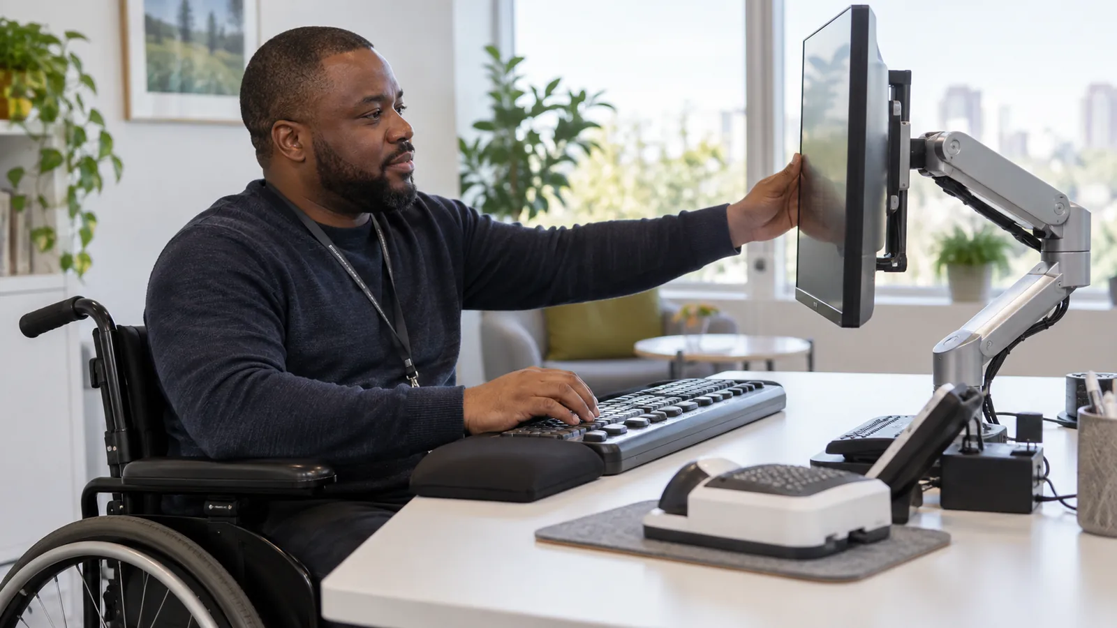 A staff member checks the usability of an accessible workstation.