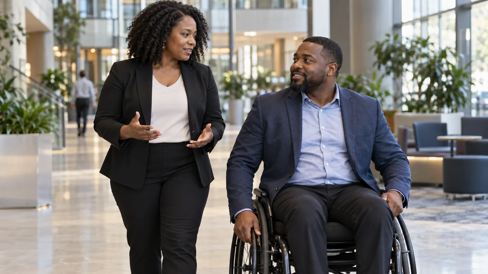 Two public-service leaders, one using a wheelchair, discuss an inclusion decision.