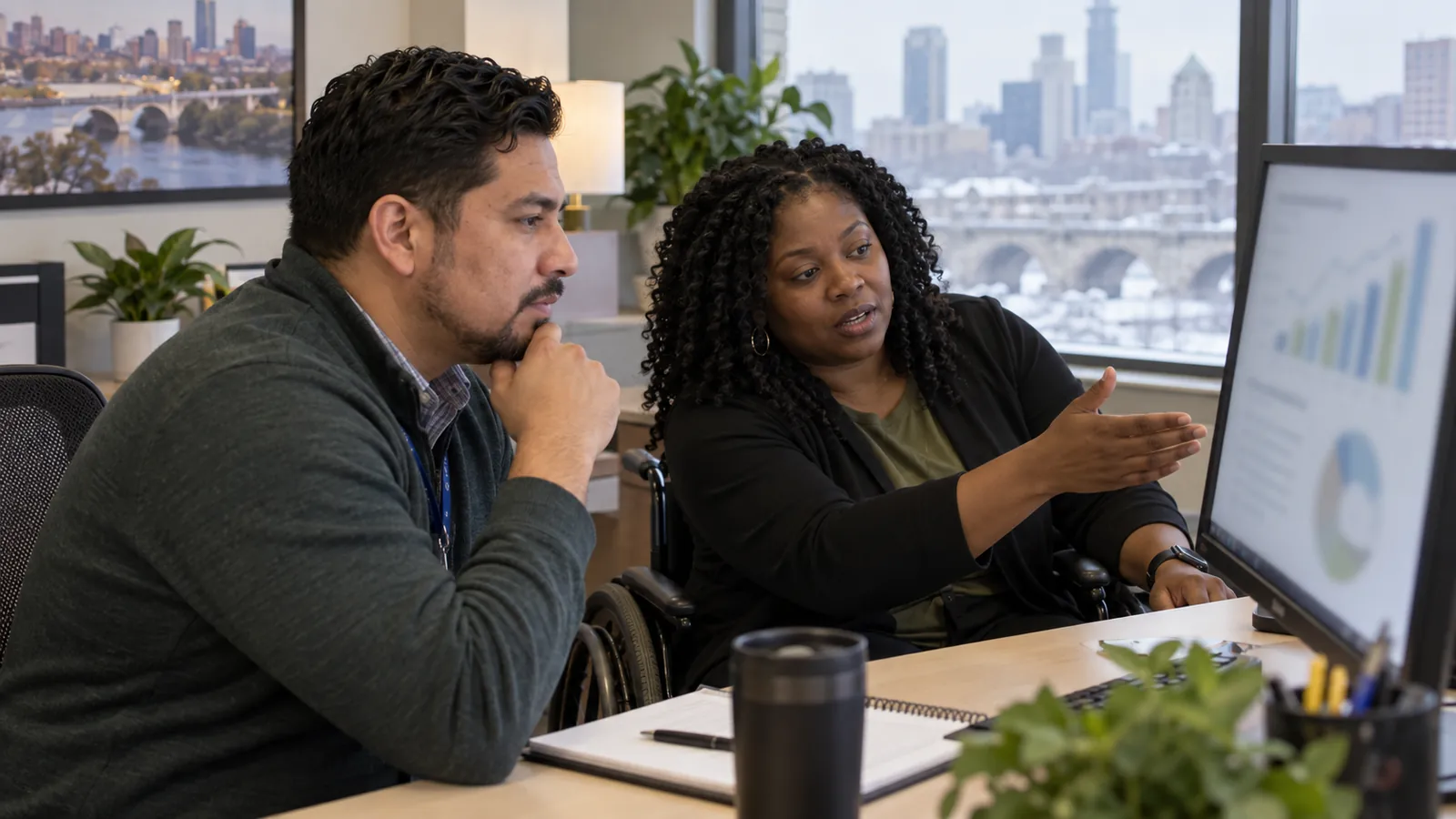 Two colleagues review progress together at an accessible worktable.