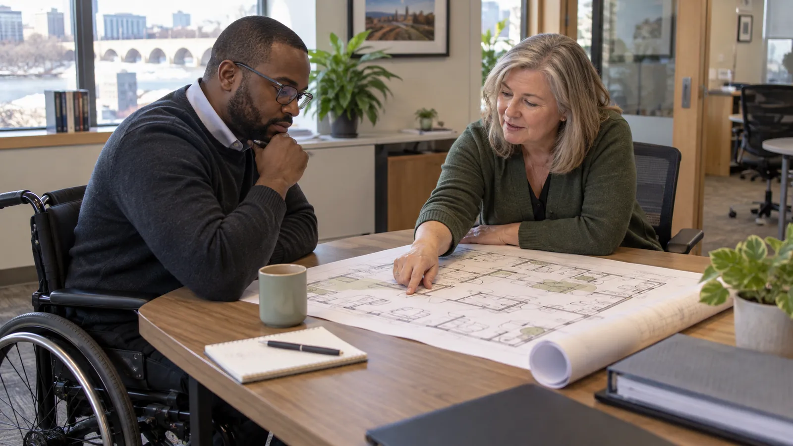 Two colleagues review an accessible office floor plan from different sides of a table.