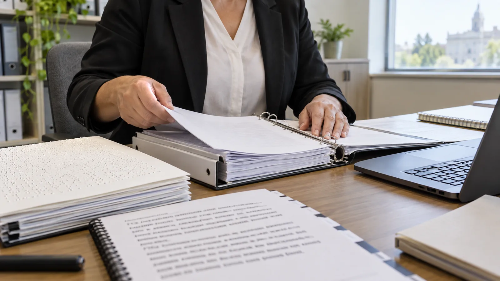 A staff member organizes a policy binder and accessible-format documents.
