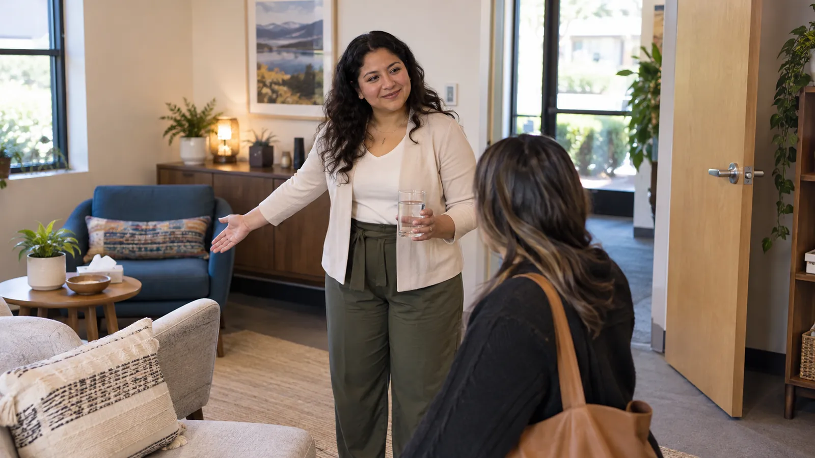 A staff member offers a visitor a choice of seats in a calm room.