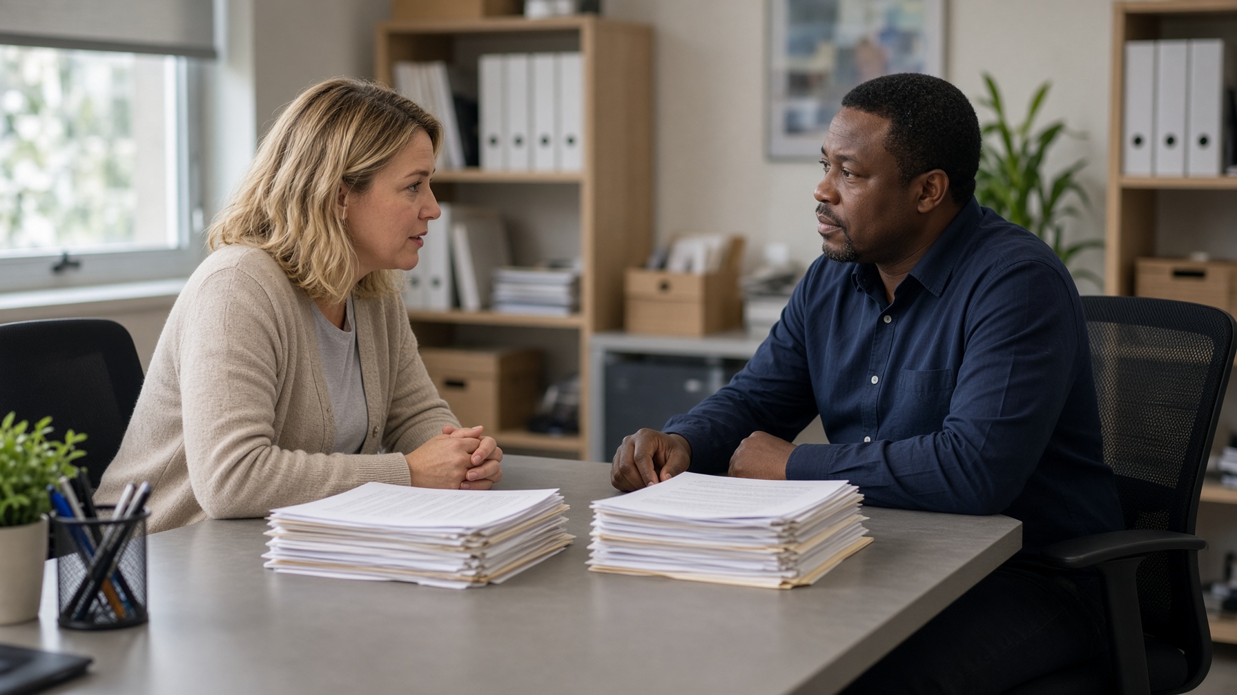 Two colleagues talk over two stacks of documents.