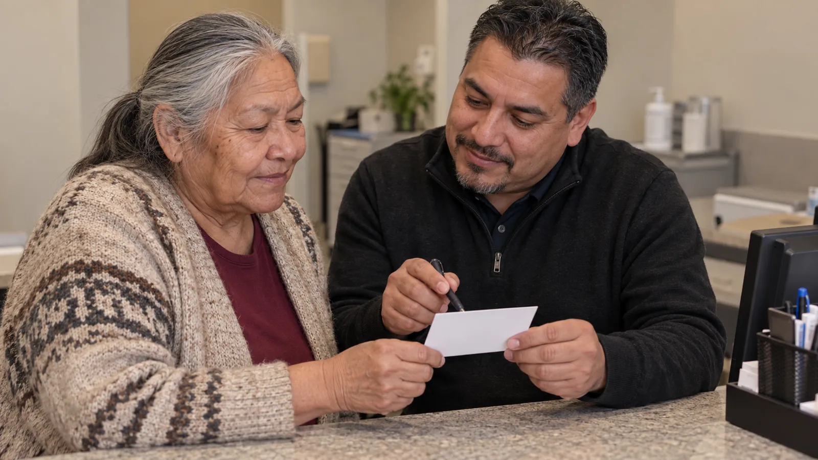 An older adult reviews a card with a service navigator.